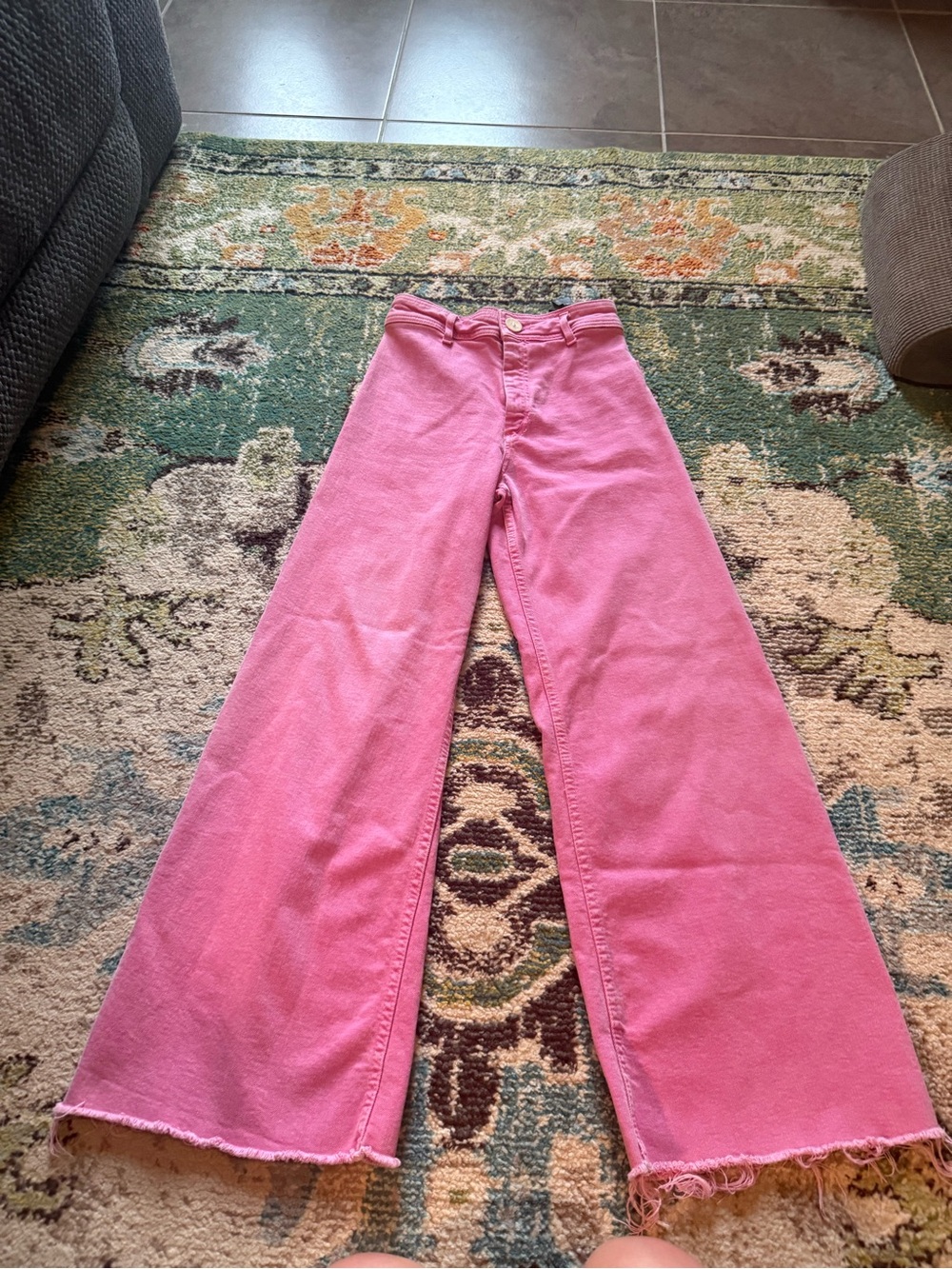 Zara Pink High Rise Wide Leg Raw Hem Jeans Barbiecore Cotton Denim Pants - Picture 3 of 10